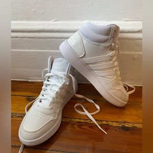 White Adidas Hoops 3.0 High Top Sneakers
